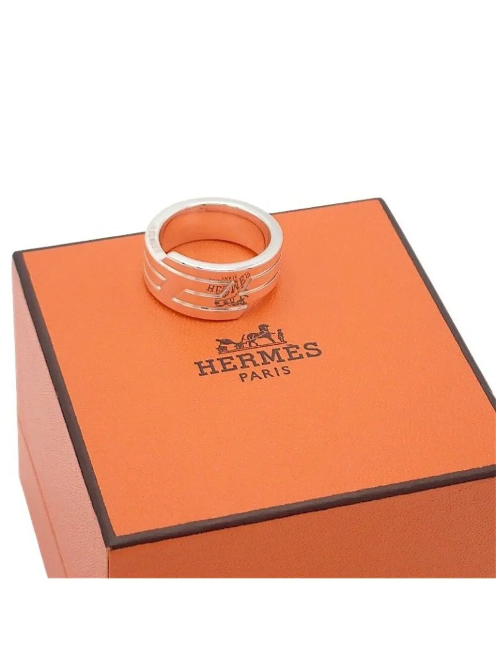 Hermes Italique Ring Actual 54 Vintage 925 Sterling Silver Logo Black Simple